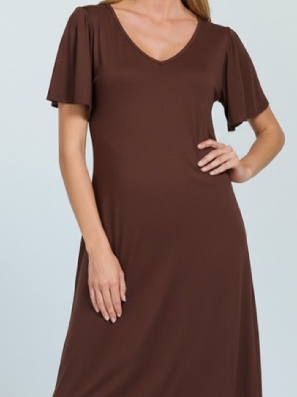 Zenana Womens Lightweight Stretchy Brown V-Neck Flutter Sleeve Midi Dress SMLXL